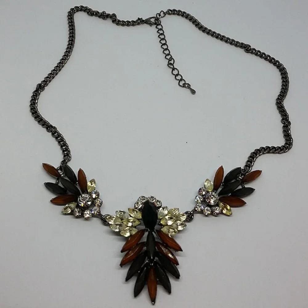 GUNMETAL chain crystal rhinestone elegant statement necklace bejeweled costume.